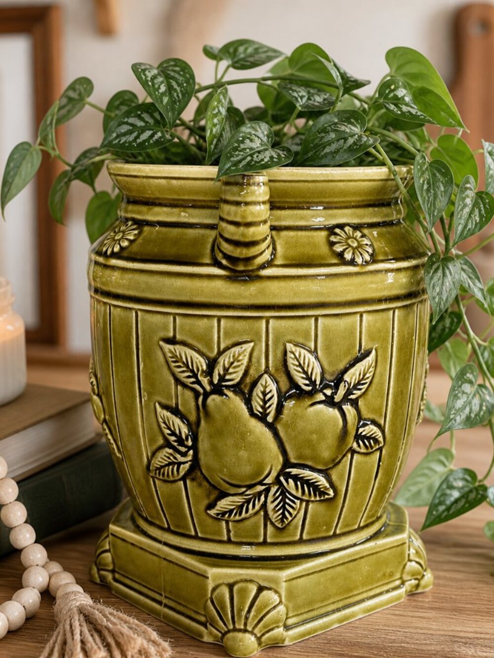 Vintage Olive Green Ceramic Planter Japan Fruit Relief Cottagecore Farmhouse